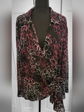 Lane Bryant Black Blouse with Pink and White Floral Outline